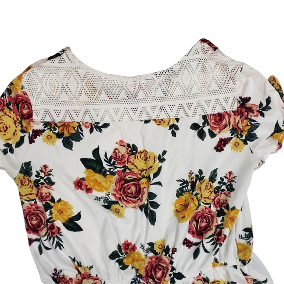 Floral Print Blouson Dress Juniors Size Large (11-13) Cap Sleeve Crotchet Trim - Picture 7 of 12